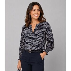 NWT Standard Surplus Women M Navy Geometric Diamond Print Smocked Cuff Blouse